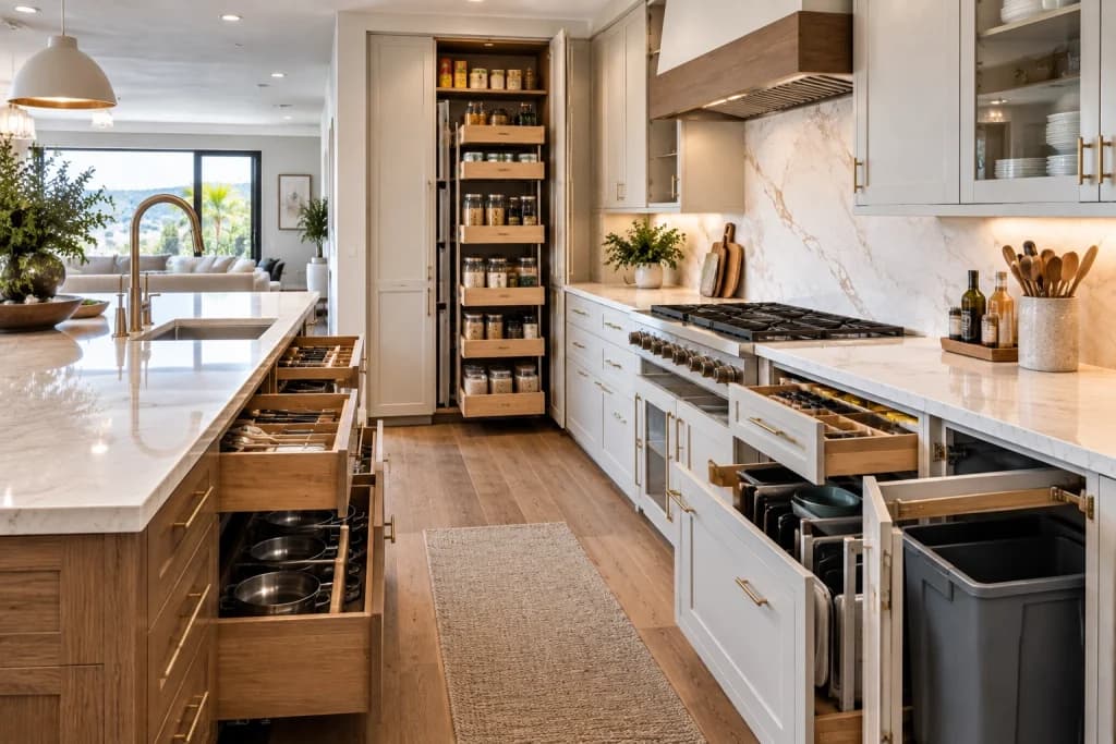 Custom kitchen storage with pull-out pantry and organized cabinets