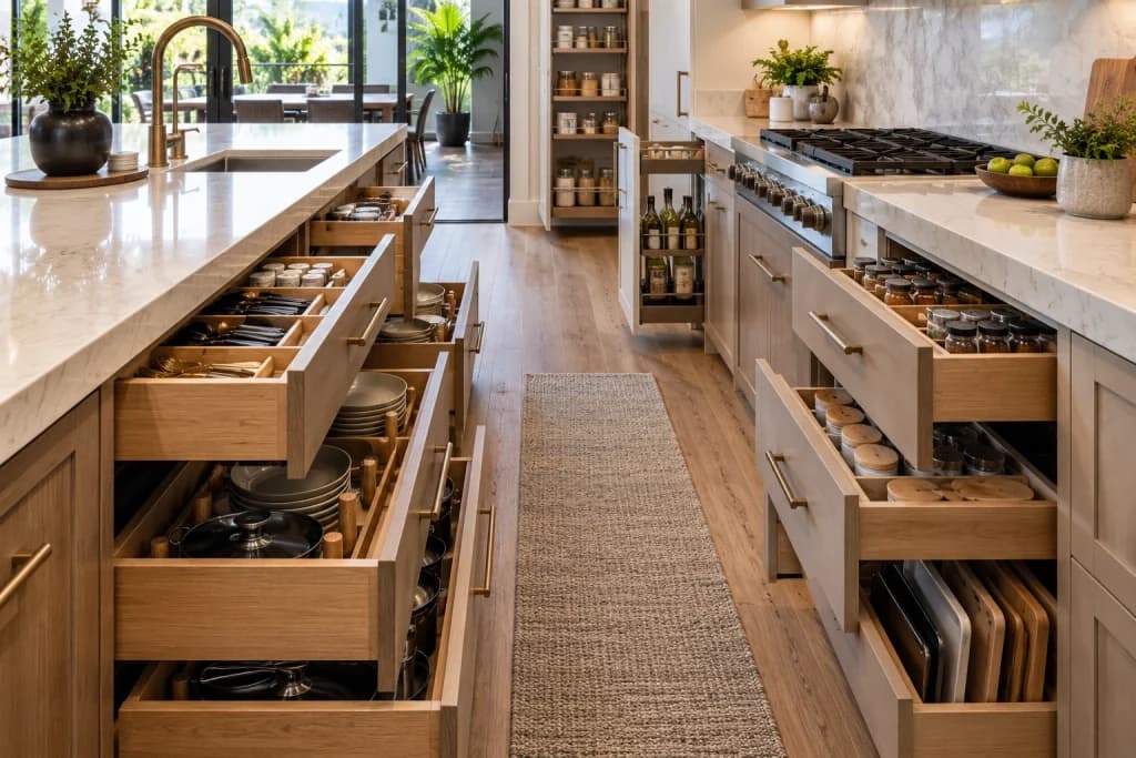 Organized kitchen drawers and cabinets with practical storage solutions