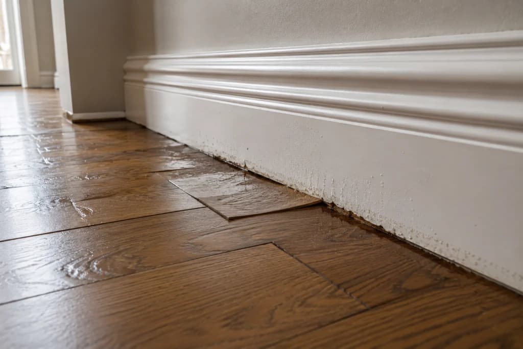 Early hardwood floor water damage and swollen baseboards
