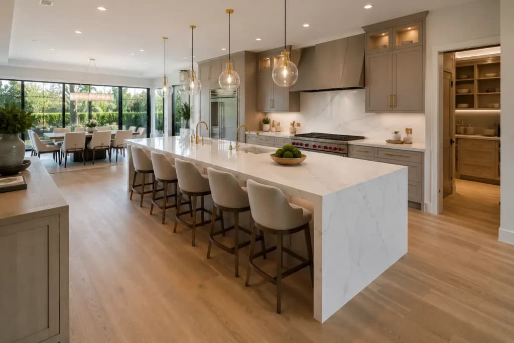 Spacious luxury kitchen addition with expanded living space, custom cabinetry, and a large island designed for modern family living.