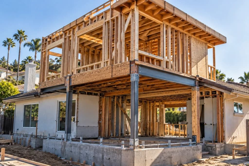 Residential second-story addition showing structural framing and foundation support details