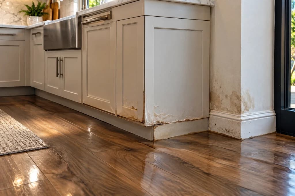 Swollen kitchen cabinet and warped flooring showing signs of hidden water damage