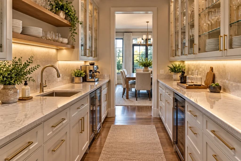 Butler’s pantry with custom cabinets, countertops, sink, and appliance storage