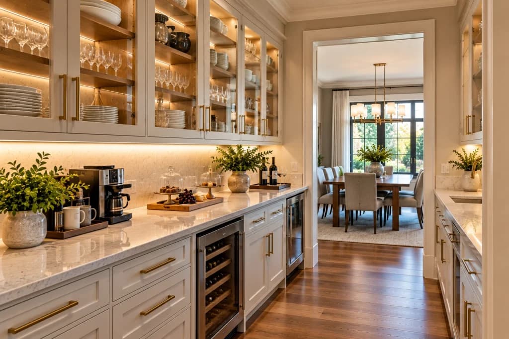 Butler’s pantry with serving space, beverage station, and organized dinnerware