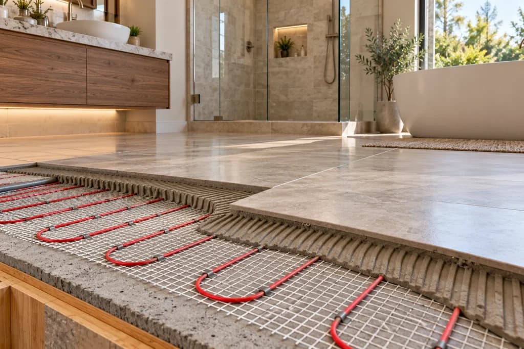 Bathroom floor showing radiant heating beneath porcelain tile