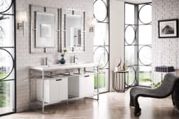 Boston 63" Stainless Steel Sink Console (Double Basins), Brushed Nickel w/ Storage Cabinet, White Glossy Resin Countertop