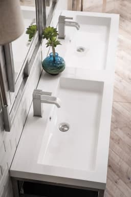 Boston 63" Stainless Steel Sink Console (Double Basins), Brushed Nickel w/ Storage Cabinet, White Glossy Resin Countertop