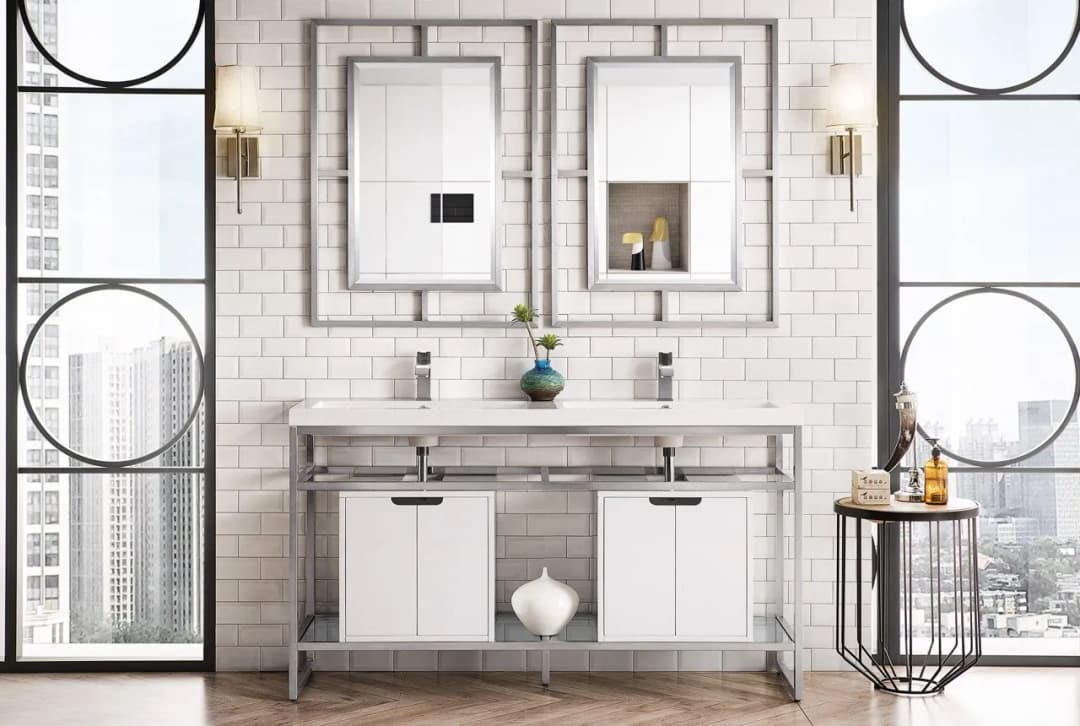 Boston 63" Stainless Steel Sink Console (Double Basins), Brushed Nickel w/ Storage Cabinet, White Glossy Resin Countertop