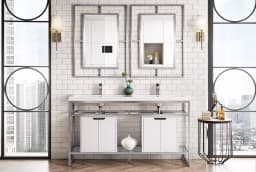 Boston 63" Stainless Steel Sink Console (Double Basins), Brushed Nickel w/ Storage Cabinet, White Glossy Resin Countertop