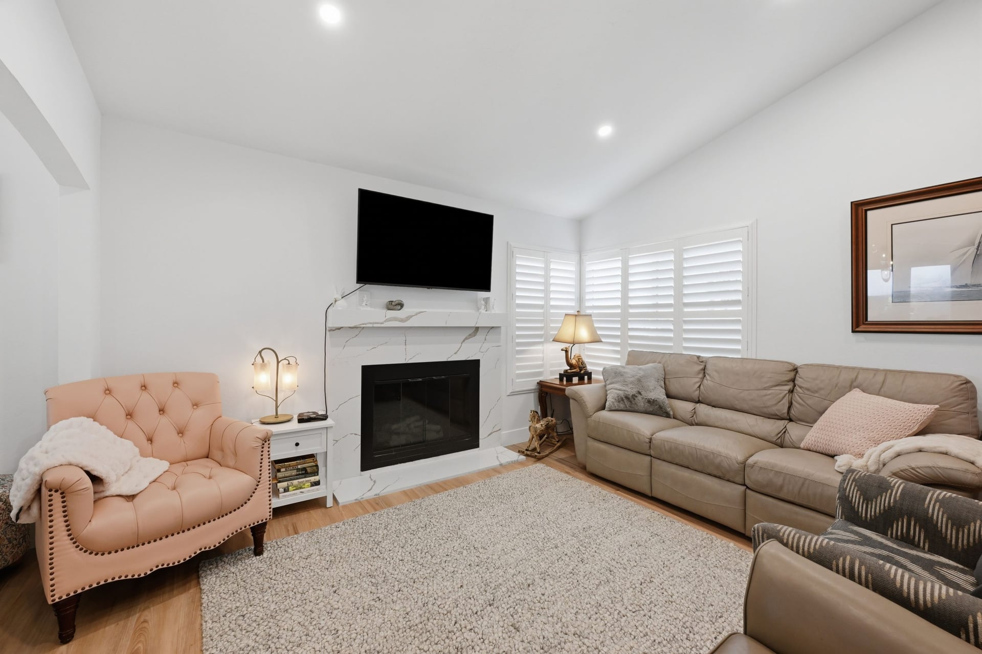 Donahue Drive - Living Room with Fireplace & Seating Area