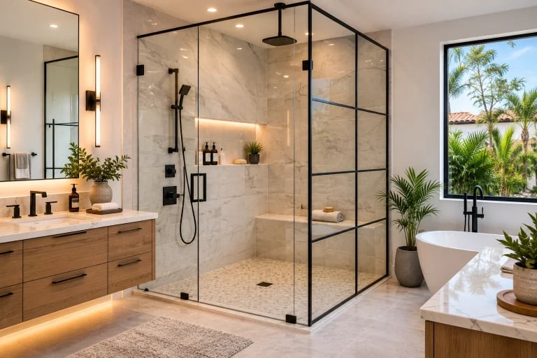 Modern bathroom with a stylish glass shower enclosure and black metal detailing