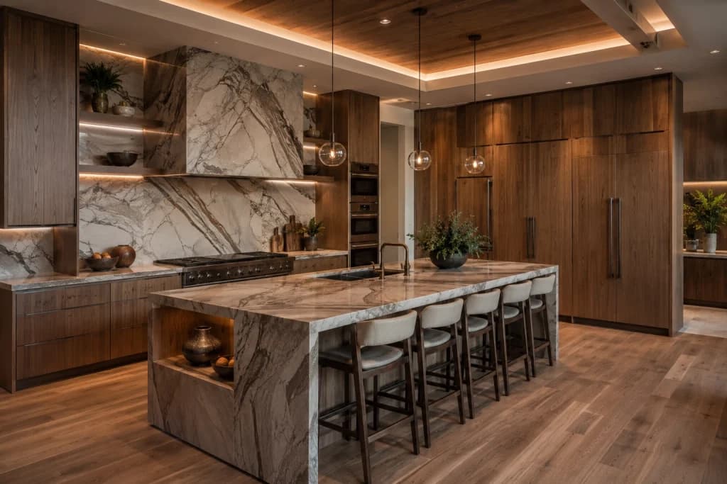 Bold custom kitchen with an oversized island, statement backsplash, and concealed storage