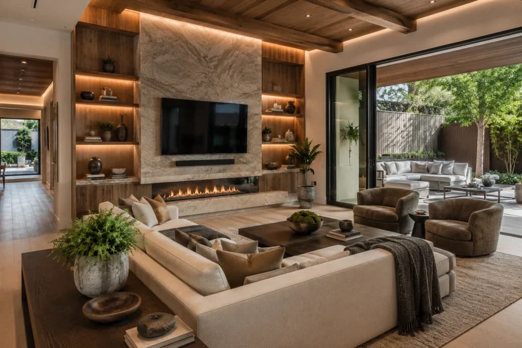 Bold living room remodel with custom built-ins and indoor-outdoor connection