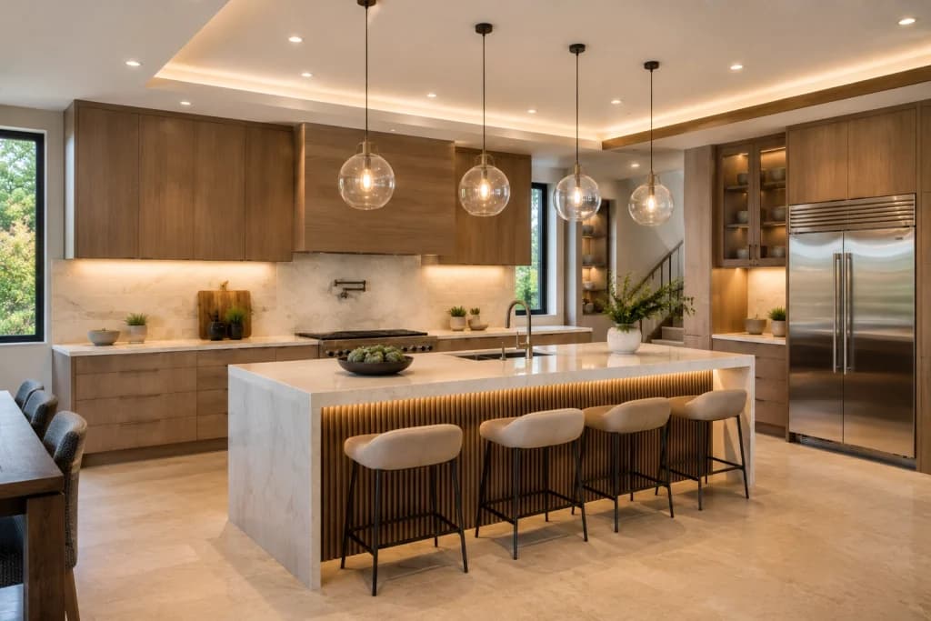 Modern kitchen with layered ceiling, pendant, and under-cabinet lighting