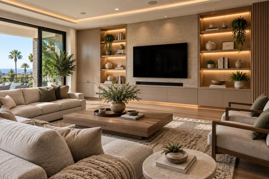 Custom living room built-in cabinetry with integrated lighting and concealed storage