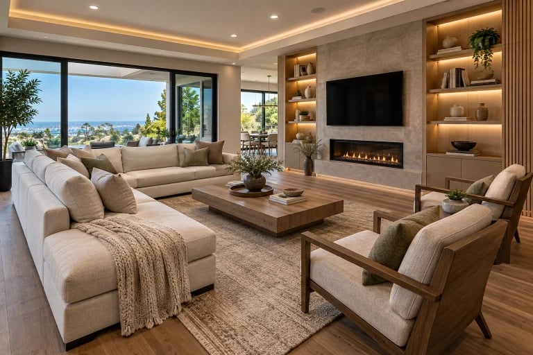 Luxury modern living room featuring updated furniture, lighting, flooring, and custom built-in storage
