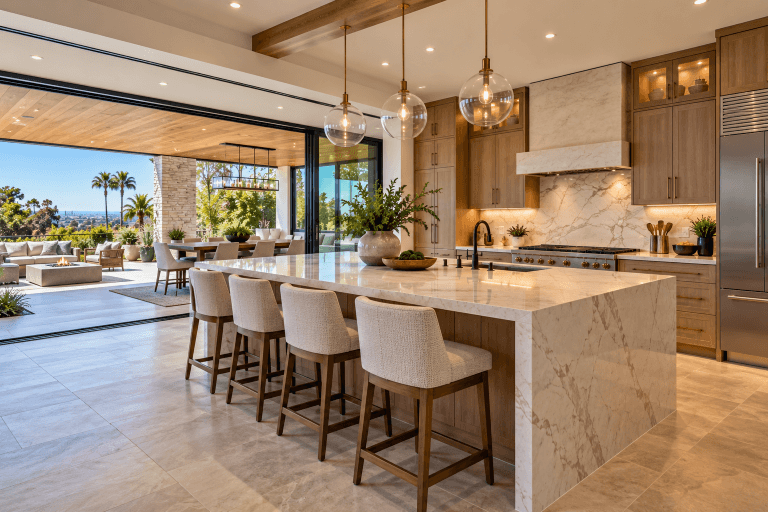 Modern dream kitchen with island, custom cabinetry, premium appliances, and outdoor connection