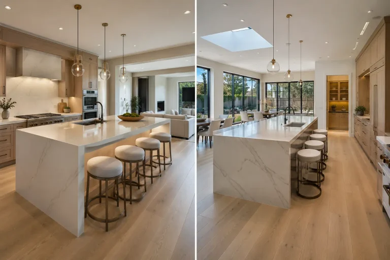 Comparison of a luxury kitchen layout change and a kitchen addition in a modern San Diego home.