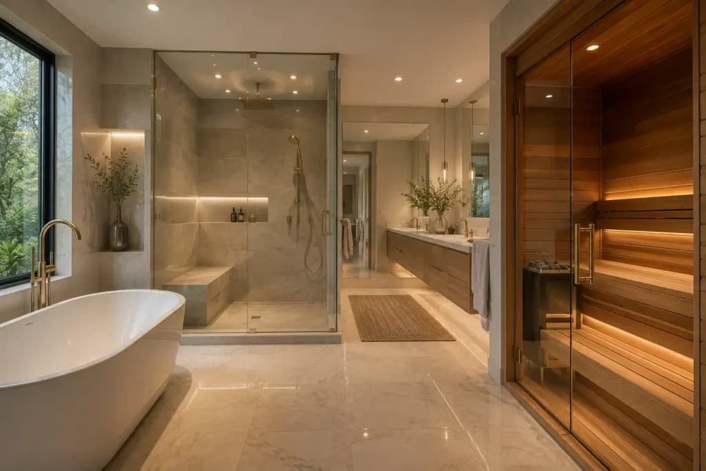 Luxury home spa featuring both a steam shower and a cedar sauna in a spacious primary bathroom.