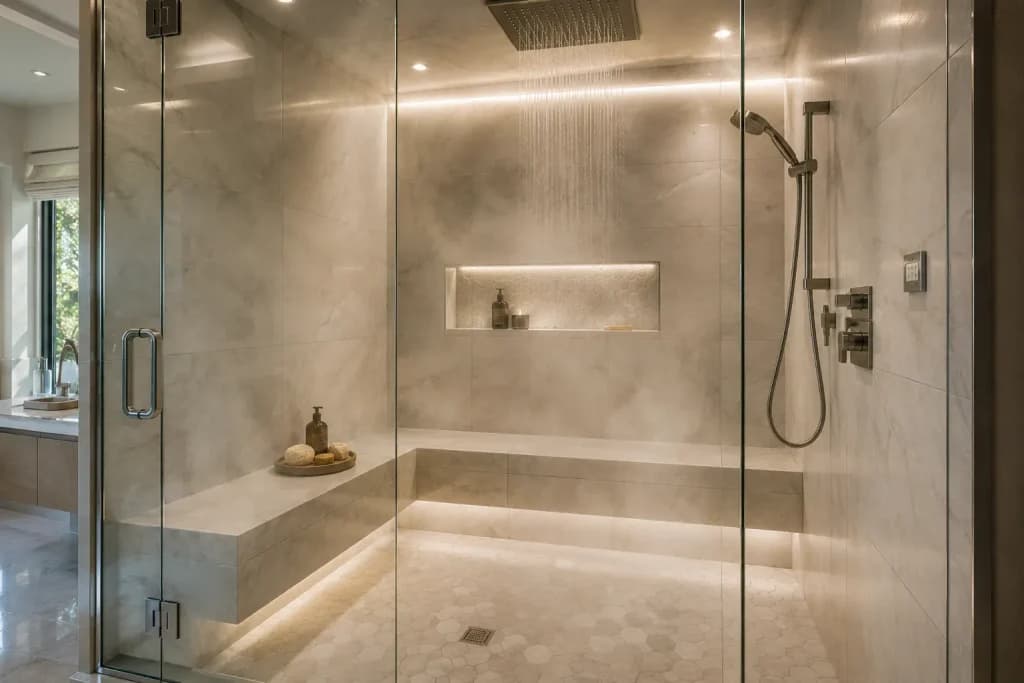 Luxury steam shower with frameless glass enclosure, built-in bench, and premium porcelain tile finishes.