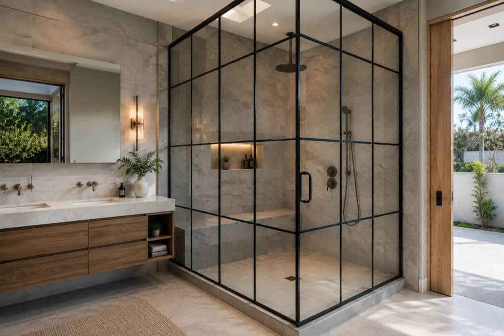 Crittall-style shower enclosure with black grid framing in a modern bathroom