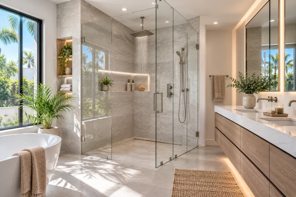 Frameless glass shower enclosure in a minimalist modern bathroom