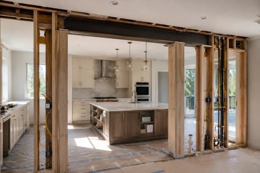 Structural beam and support posts during a galley kitchen wall removal