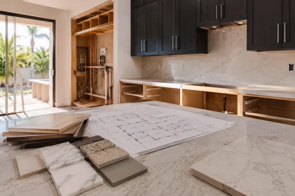 Kitchen remodel planning with architectural plans and materials