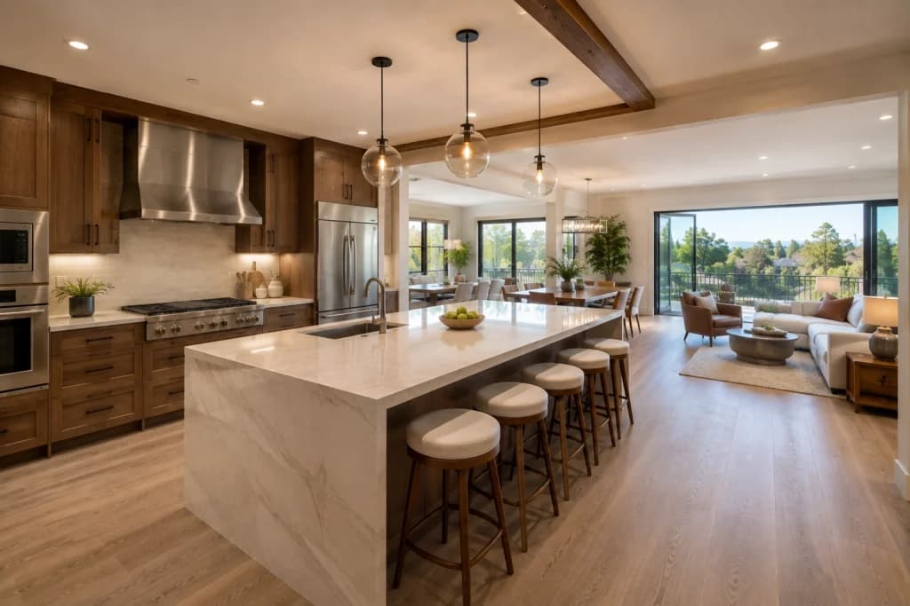 Open concept kitchen layout with island, cabinets, and spacious walkways