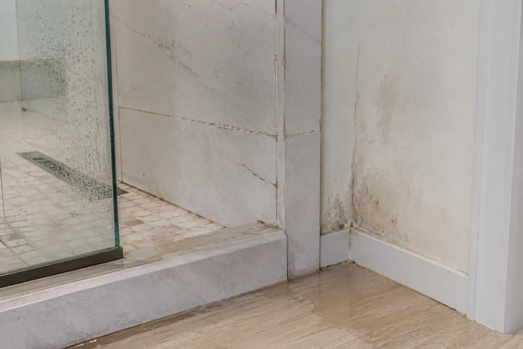 Shower tile, grout, and wall showing realistic signs of moisture problems