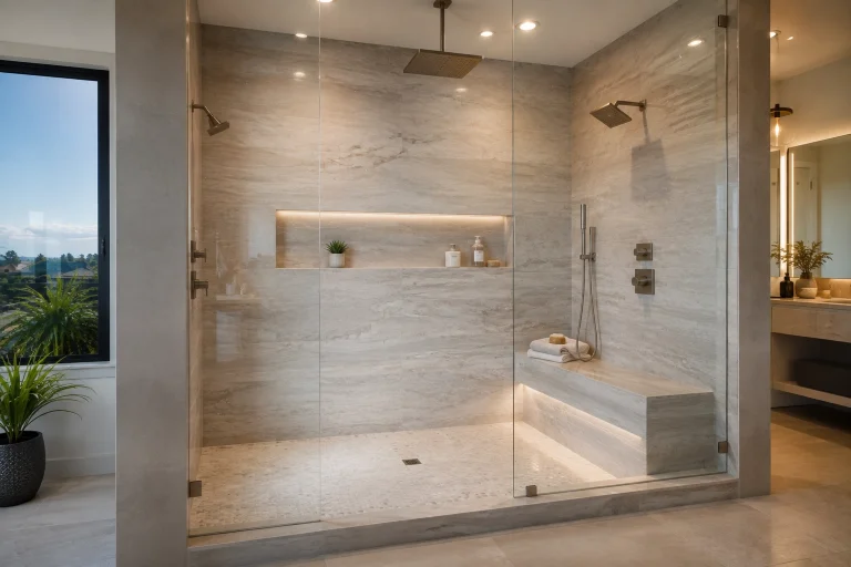 Luxury walk-in shower with professionally waterproofed walls and floor