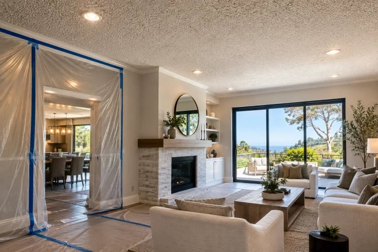 Popcorn ceiling being assessed before a home remodel