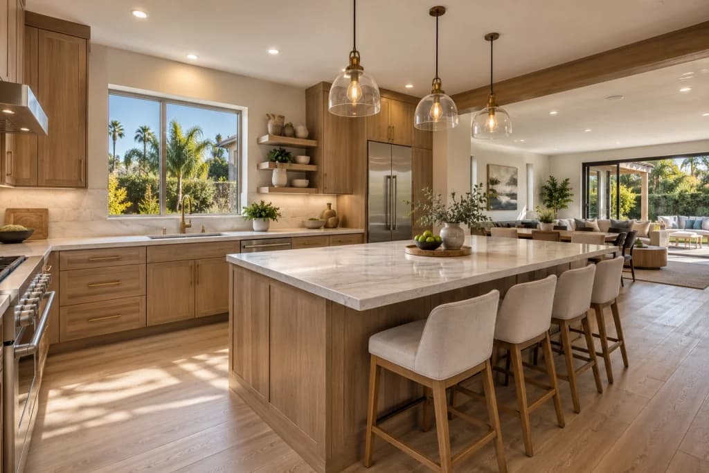 Modern kitchen with custom cabinetry and an improved layout in an older tract home
