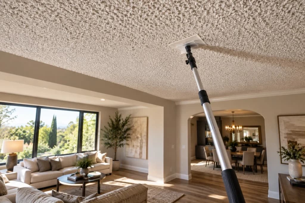 Textured popcorn ceiling being professionally assessed for asbestos