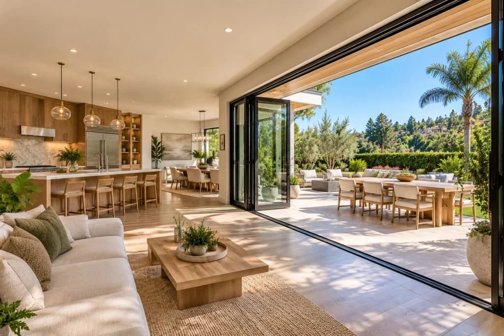Bifold doors connecting a modern living space with an outdoor patio