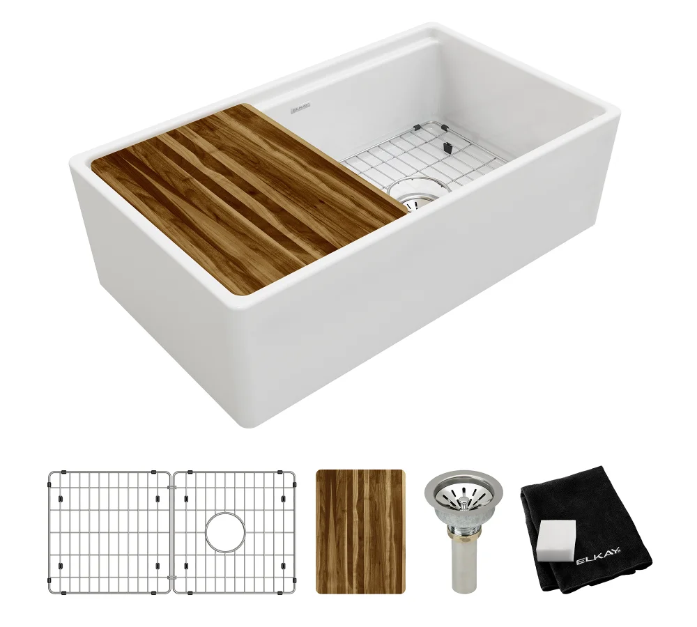 Elkay Fireclay 33" x 18-13/16" x 9-5/8" Single Bowl Farmhouse Workstation Sink Kit, White