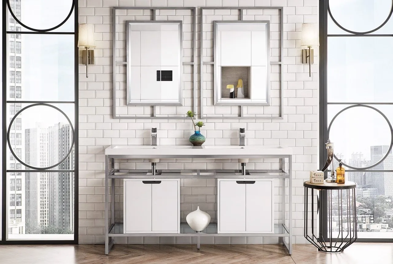 Boston 63" Stainless Steel Sink Console (Double Basins), Brushed Nickel w/ Storage Cabinet, White Glossy Resin Countertop