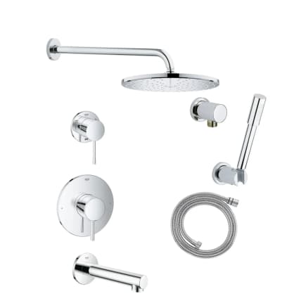 Grohe Essence Pressure Balanced Shower System with Rain Shower Head, Hand Shower, Shower Arm, and Hose - Valves Included